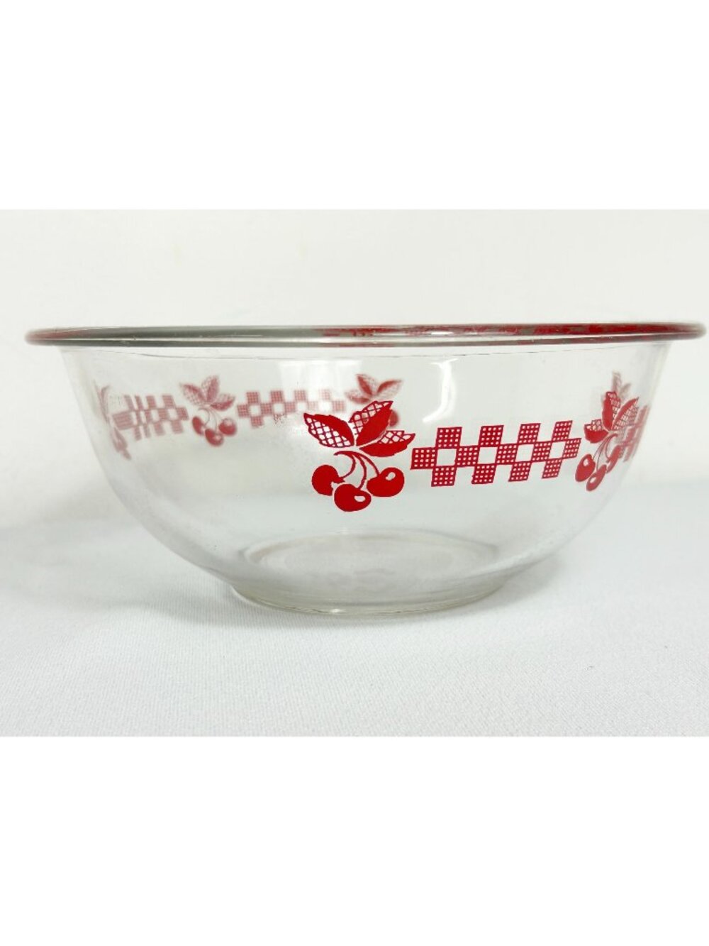 Vintage Clear Pyrex 1.5L Bowl in Red Cherries Gingham Pattern #323